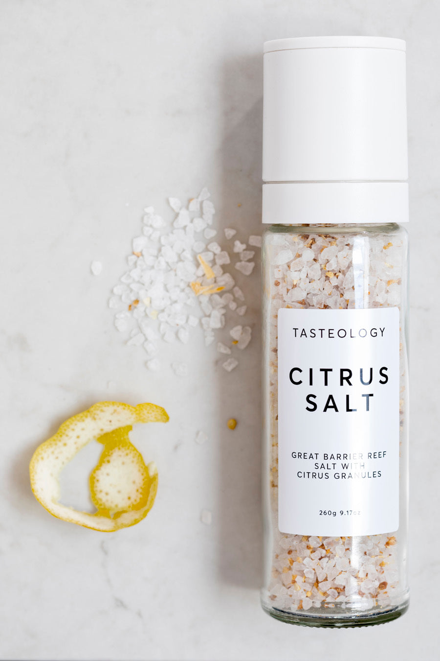 Citrus Salt TASTEOLOGYS Citrus Salt has a base of Great Barrier Reef white rock salt, which has been carefully mixed in with dried lemon granules to create a zesty citrucy flavour.
