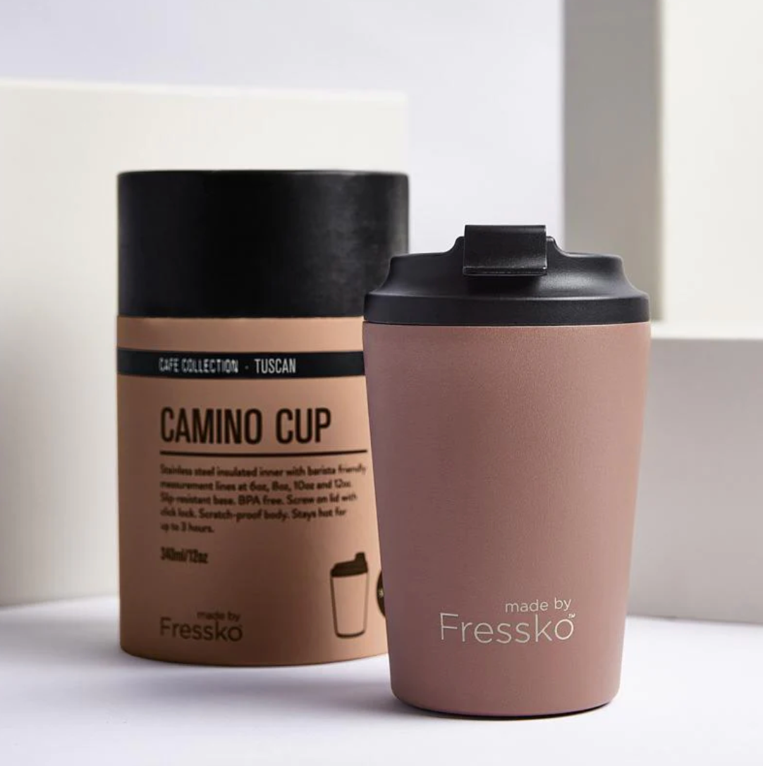 Camino Cup 12oz The stylish, chemical-free, lightweight, insulated stainless steel reusable coffee cup is the new and improved version of the classic takeaway cafe cup.
