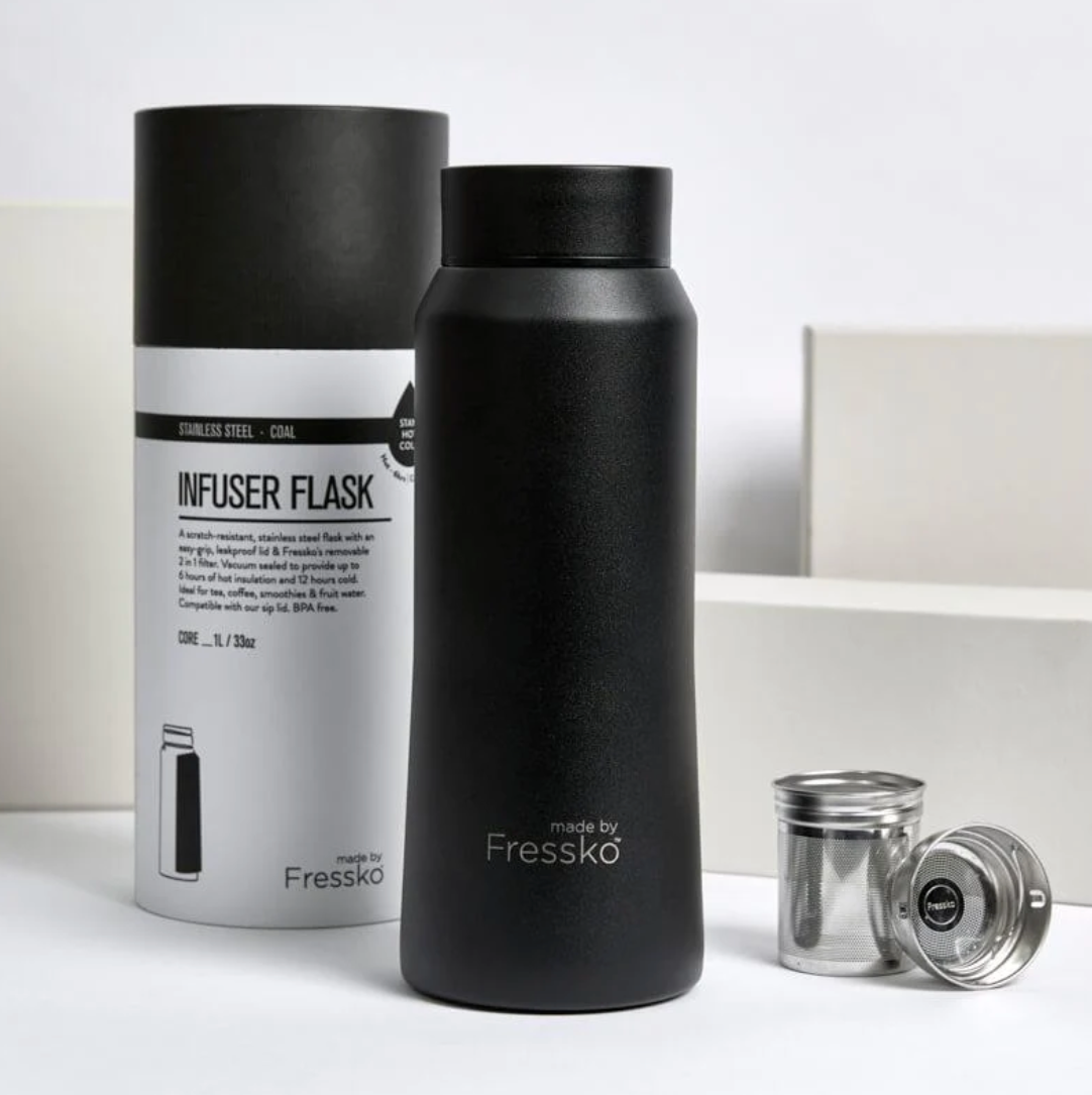 Core Flask 1L These stylish, chemical-free, stainless steel, insulated flasks include Fressko’s 2-in-1 filter and are the ideal brew-as-you-go companion. Easily brew your favourite tea, create detox waters or take hot soup to a picnic. It's one infuser bottle that does it all.