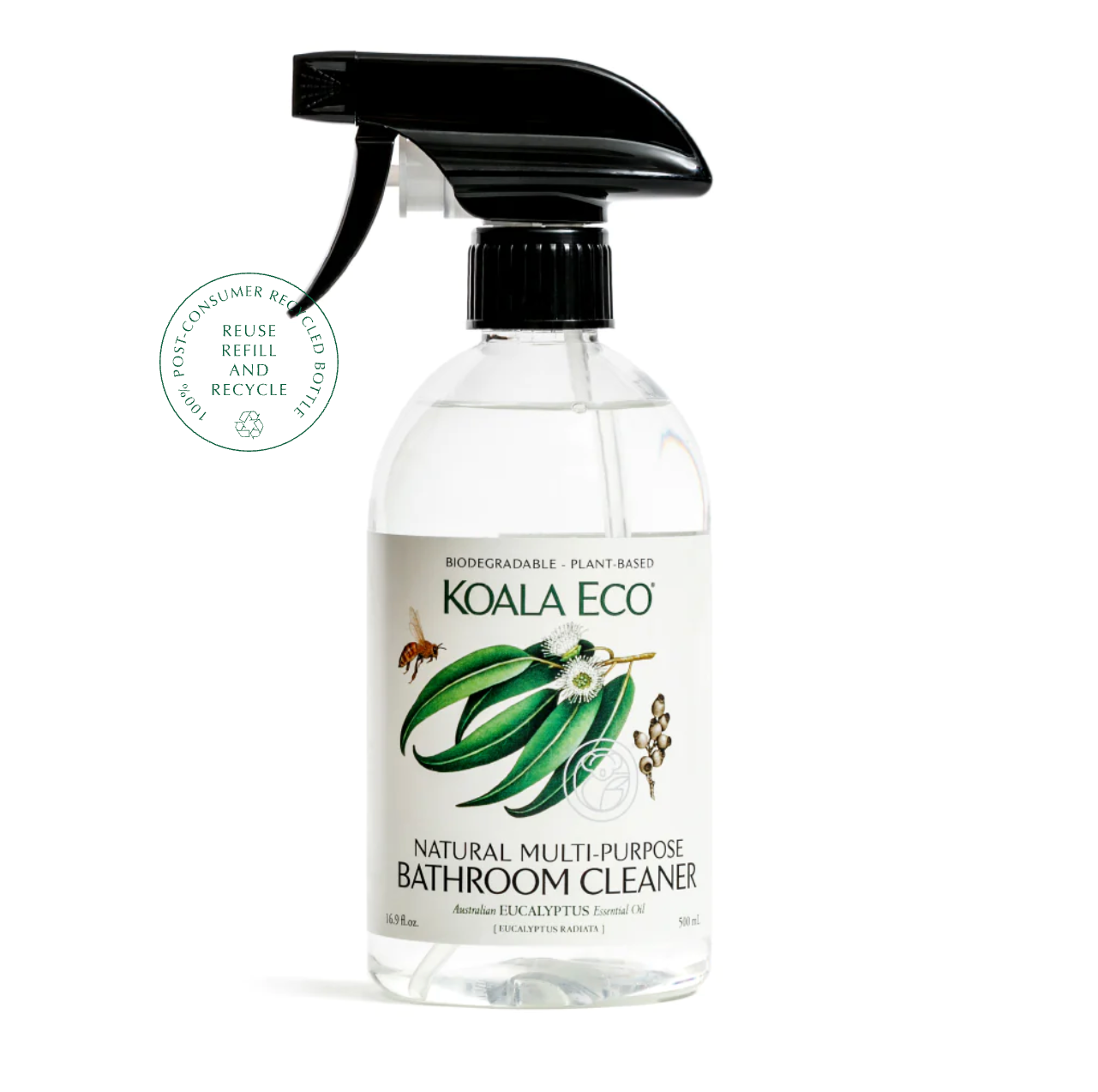 Natural Multi-purpose Bathroom Cleaner 500 mL | Our Eucalyptus Multi-Purpose Bathroom Cleaner cuts through soap scum, dirt and grime. This biodegradable and eco-friendly plant-based formula effortlessly cleans, removes bacteria and deodorises, without the need for toxic chemicals.