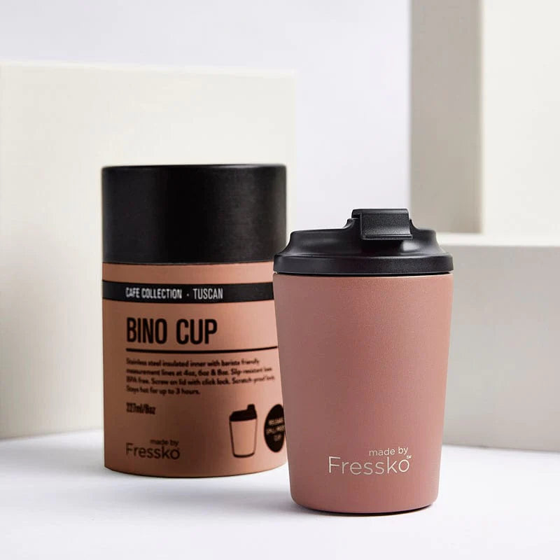 Bino Cup 8oz Fressko brings you a stylish, chemical-free, lightweight, insulated stainless steel reusable coffee cup that is the new and improved version of the classic takeaway cafe cup.