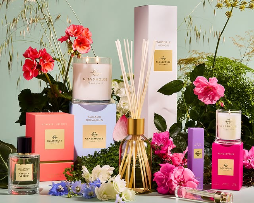 Product range from Glasshouse including Candles, diffusers and eau de parfum