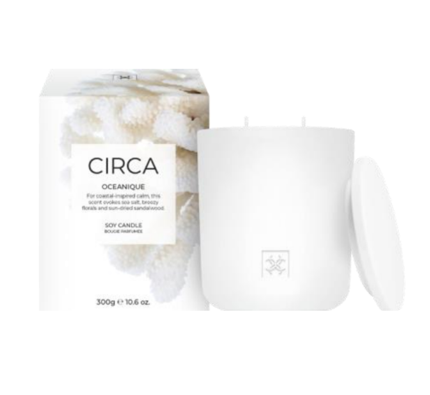 Oceanique 300g Candle For coastal-inspired calm, this scent evokes sea salt, breezy florals, and sun-dried sandalwood.
