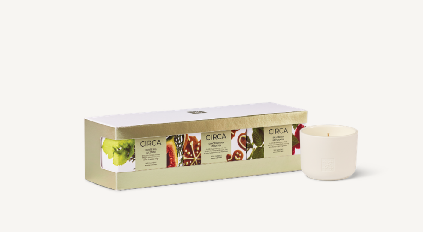 Christmas Candle Trio Three festive 70g Candles to celebrate the season&nbsp; - Raspberry &amp; Rhubarb, Pine &amp; White Fig, and Gingerbread Cookies. A perfect gift set, or a collection to share.