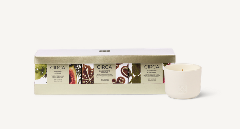 Christmas Candle Trio Three festive 70g Candles to celebrate the season&nbsp; - Raspberry &amp; Rhubarb, Pine &amp; White Fig, and Gingerbread Cookies. A perfect gift set, or a collection to share.