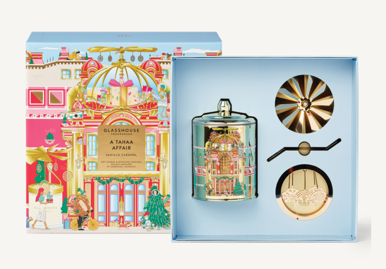 A Tahaa Affair Candle & Spinning Carousel 380g Our good-enough-to-eat Vanilla Caramel scent is even better topped with a festive carousel that twirls with delight.