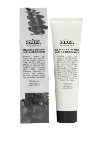 Geranium & Bergamot Hand & Cuticle Cream (100ml) Replenish, smooth and nourish dry skin with this high performance restorative cream for the hands and cuticles.  A fast absorbing formulation enriched with soothing jojoba, hydrating shea butter, healing chamomile, anti-oxidant rich avocado, rose geranium, bergamot, palmarosa, damask rose and orange essential oils.