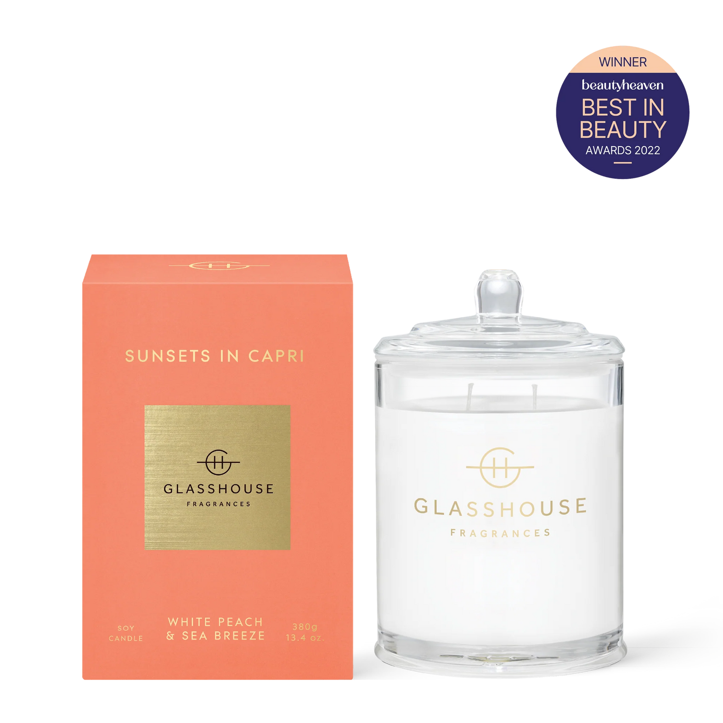 
                  
                    Glasshouse Fragrances sunsets in Capri White Peach & Sea Breeze 380g Triple Scented Soy Candle
                  
                
