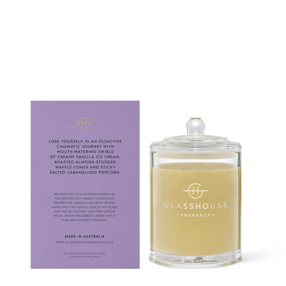 
                  
                    Glasshouse Fragrances Movie Night Caramel Popcorn & Choc Tops 380g Triple Scented Soy Candle
                  
                