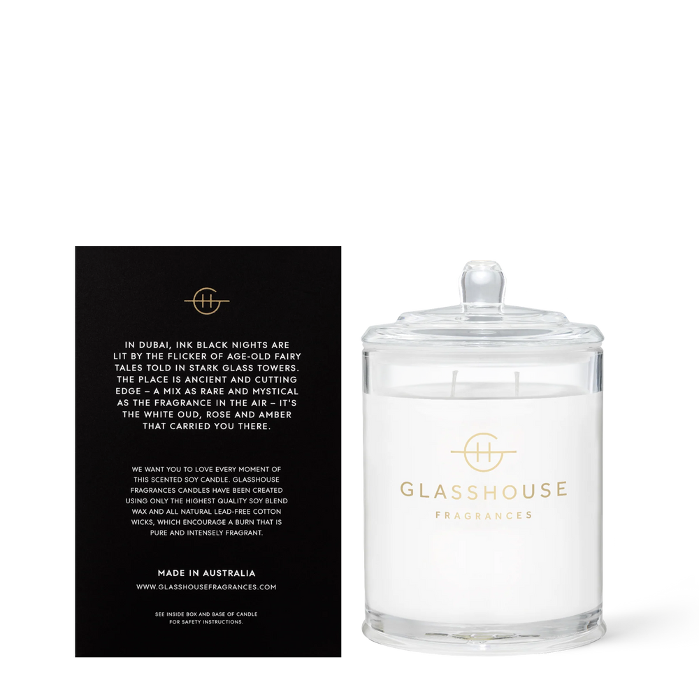 
                  
                    Glasshouse Fragrances Arabian Nights White Oud 380g Triple Scented Soy Candle
                  
                