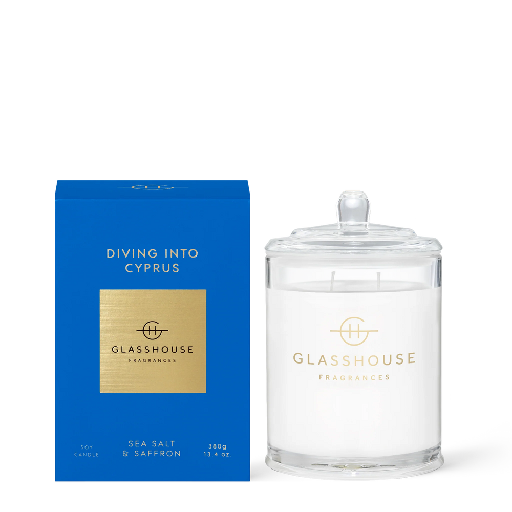 Glasshouse Fragrances Diving into Cyprus Sea Salt & Saffron 380g Triple Scented Soy Candle