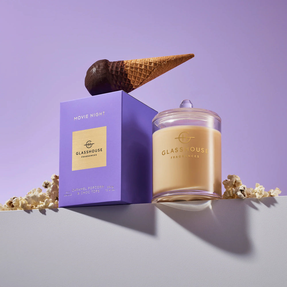 
                  
                    Glasshouse Fragrances Movie Night Caramel Popcorn & Choc Tops 380g Triple Scented Soy Candle
                  
                