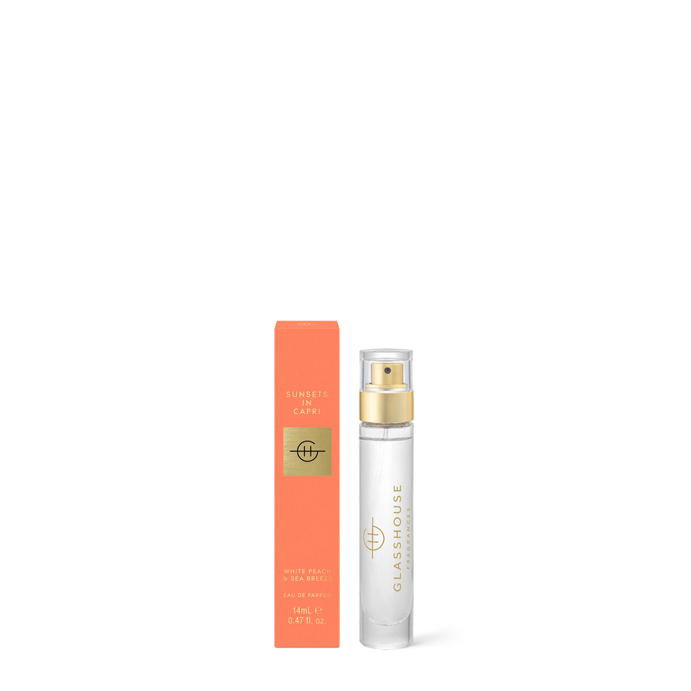 Sunsets In Capri EDP (14ml) Fine fragrance for on the go. Notes of Mandarin and White Peach ally with Jasmine and a fresh Marine Accord, to set the scene for the magical moment the sun kisses the sea.