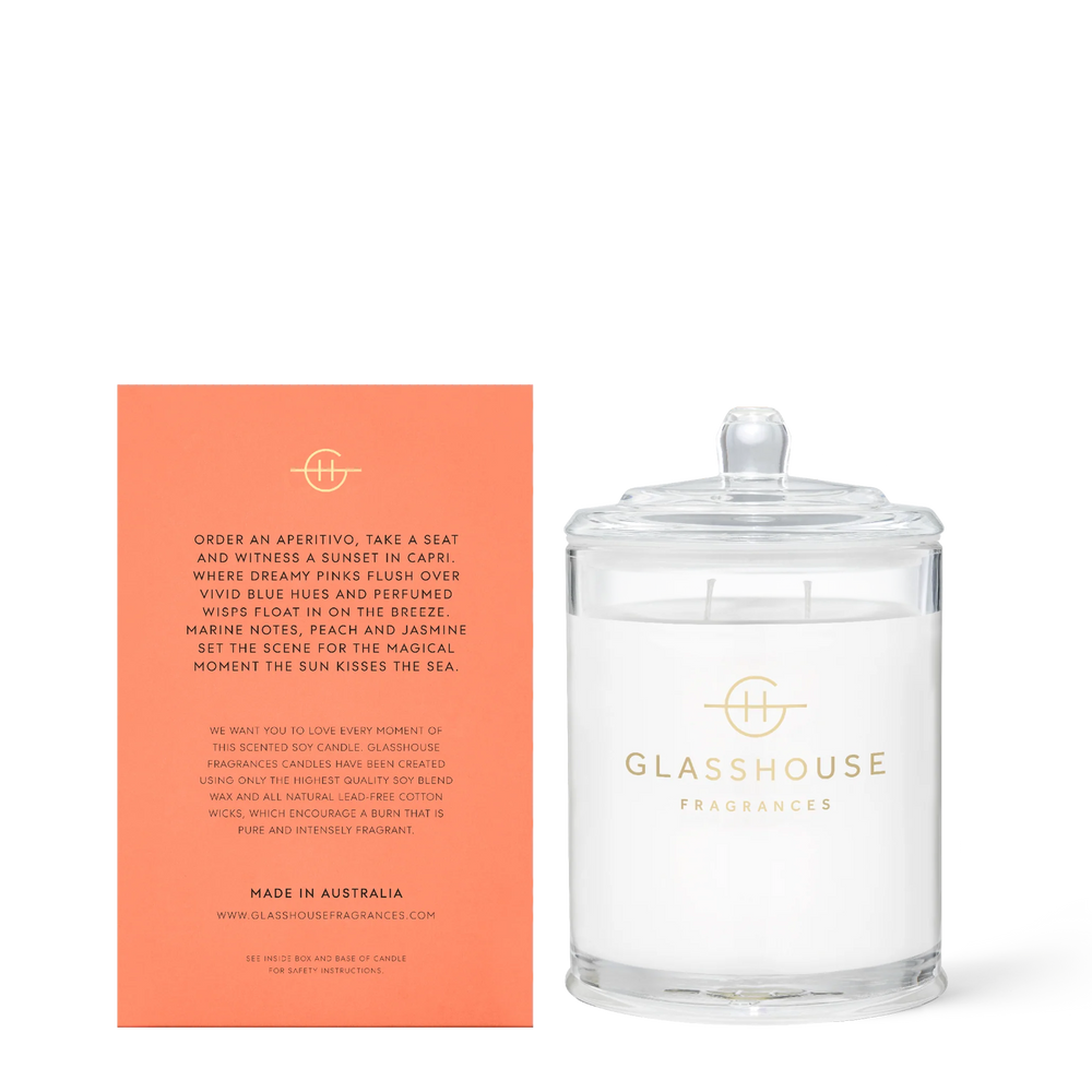 
                  
                    Glasshouse Fragrances sunsets in Capri White Peach & Sea Breeze 380g Triple Scented Soy Candle
                  
                