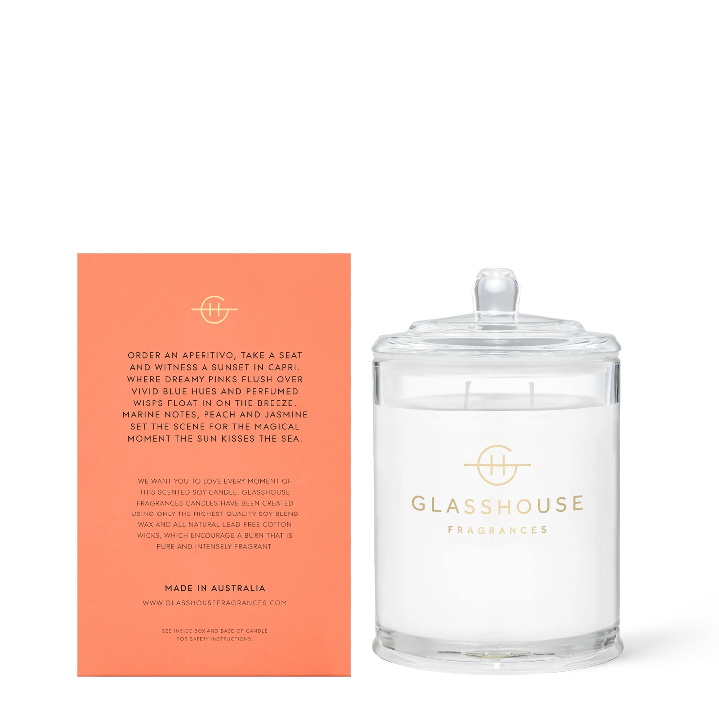 
                  
                    Glasshouse Fragrances sunsets in Capri White Peach & Sea Breeze 380g Triple Scented Soy Candle
                  
                