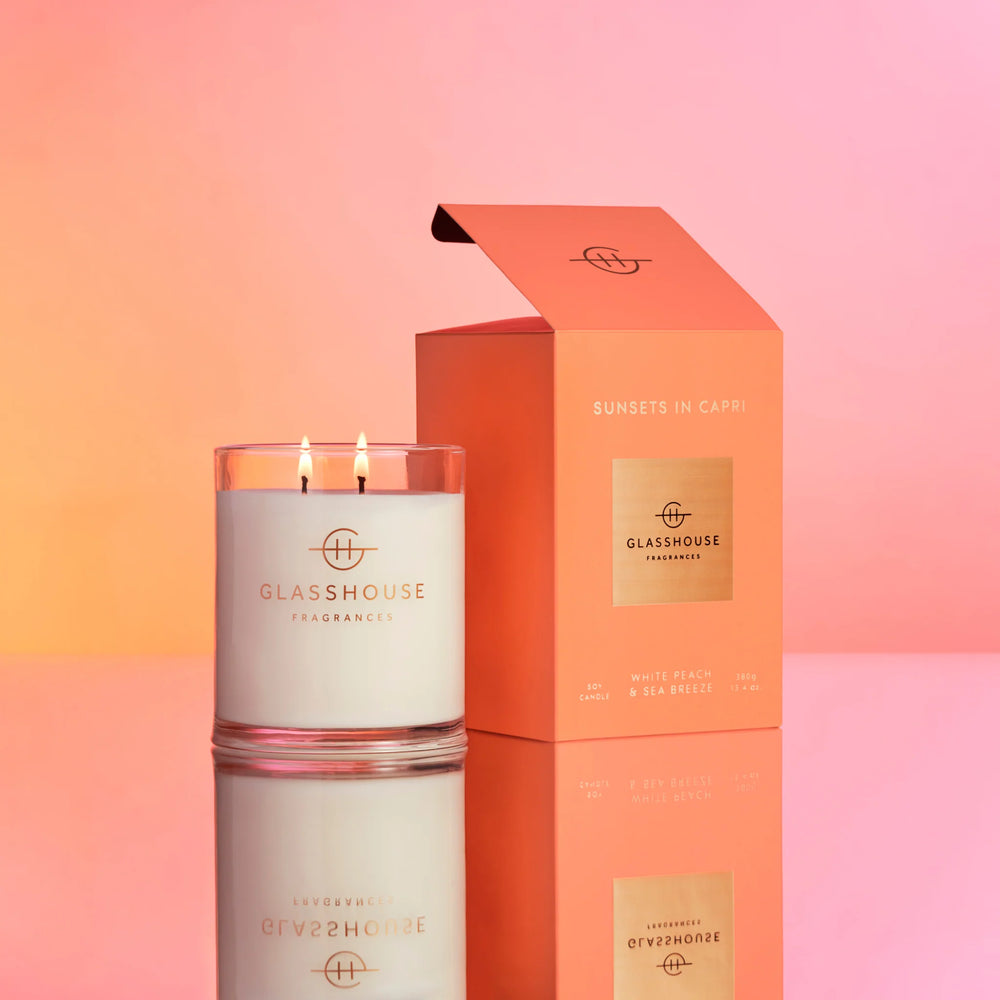 
                  
                    Glasshouse Fragrances sunsets in Capri White Peach & Sea Breeze 380g Triple Scented Soy Candle
                  
                