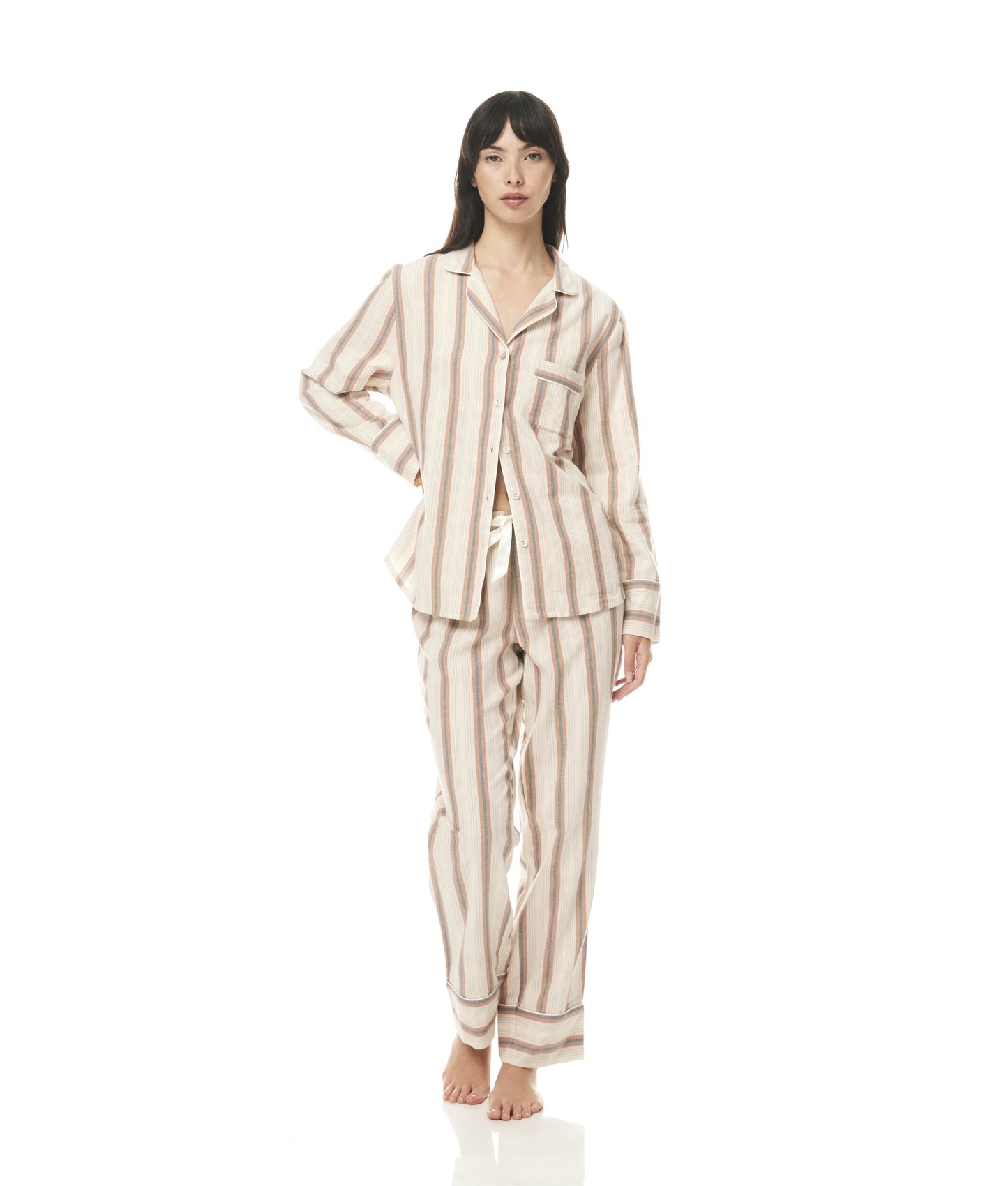 Ilana Cotton Pyjamas | Tan Stripe | The Iliana style pyjamas are crafted from high-quality brushed cotton, making them incredibly soft and warm against your skin.
