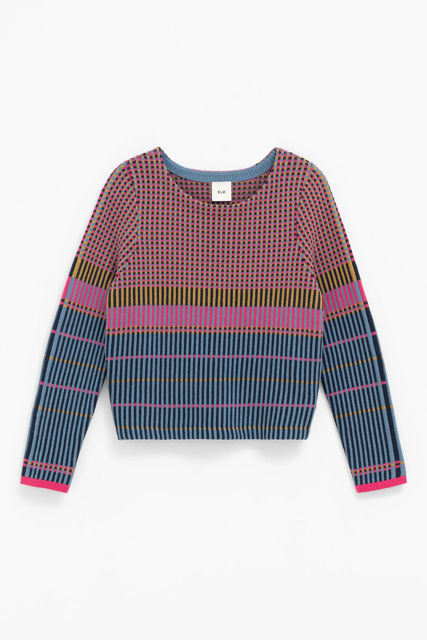 
                  
                    Cila Jumper | Pink Modern shape, multi-coloured.  In a multi-coloured check knit design, the Cila Knit Jumper is a boat neck boxy-cut jumper with set-in sleeves. It has a cropped body length, with small side splits at the hem for added comfort.
                  
                