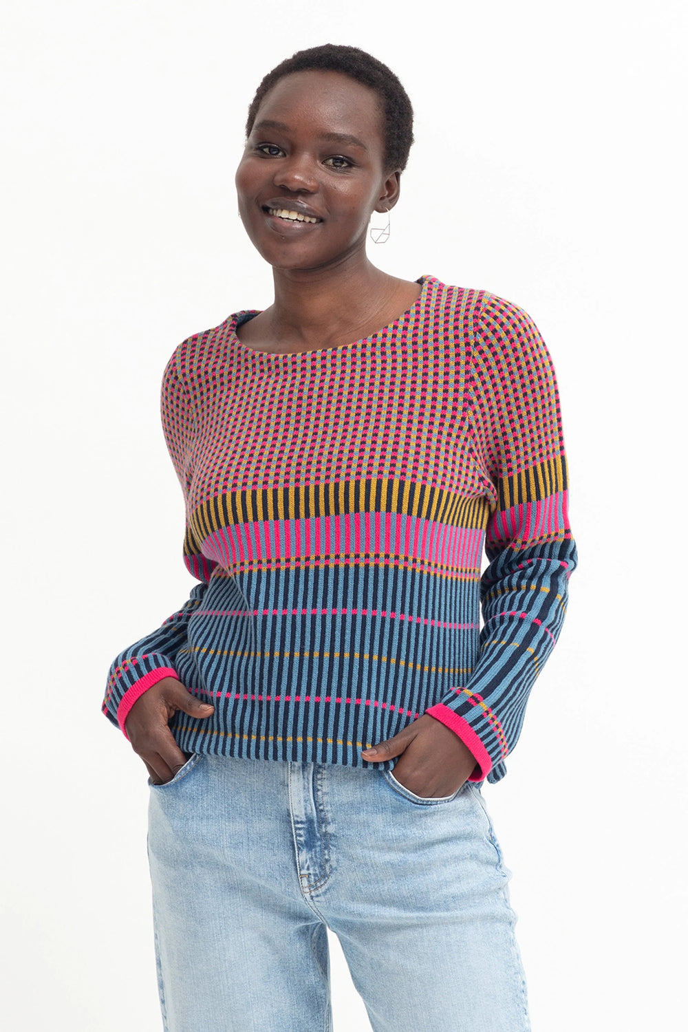 Cila Jumper | Pink Modern shape, multi-coloured.  In a multi-coloured check knit design, the Cila Knit Jumper is a boat neck boxy-cut jumper with set-in sleeves. It has a cropped body length, with small side splits at the hem for added comfort.
