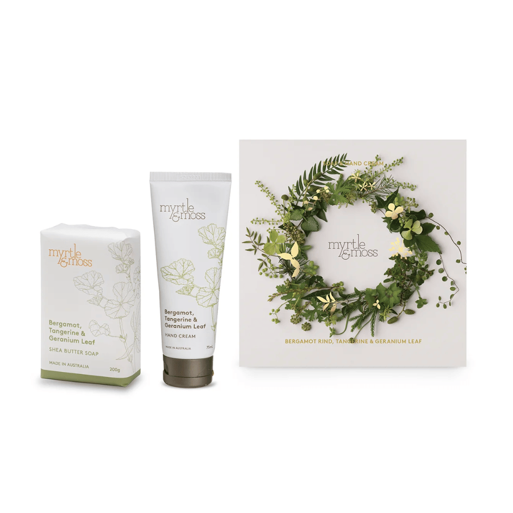 Myrtle & Moss skincare products including a tube of cream and soap