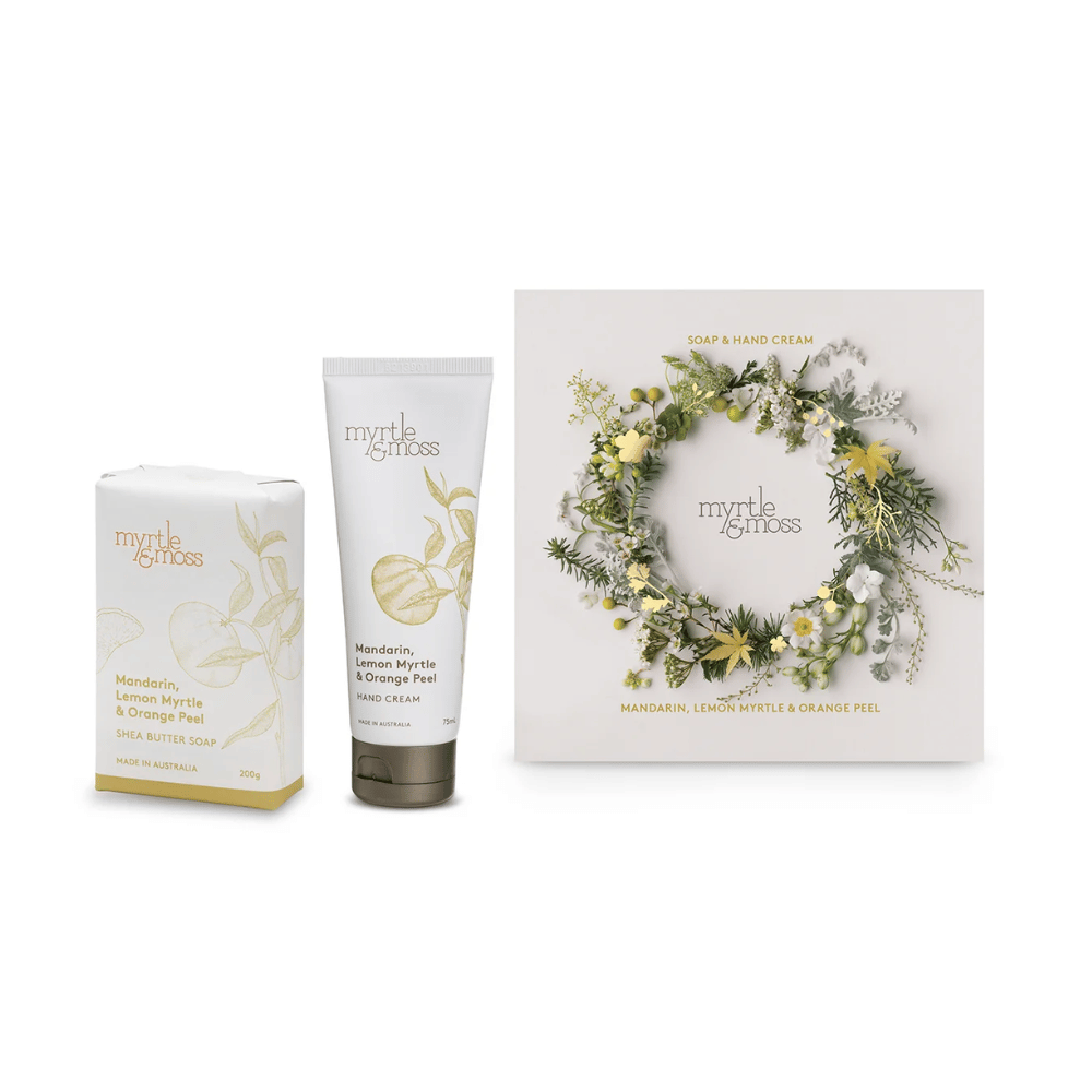 Myrtle & Moss skincare products including a tube of cream and soap