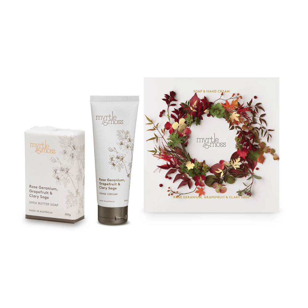 Myrtle & Moss skincare products with floral packaging 