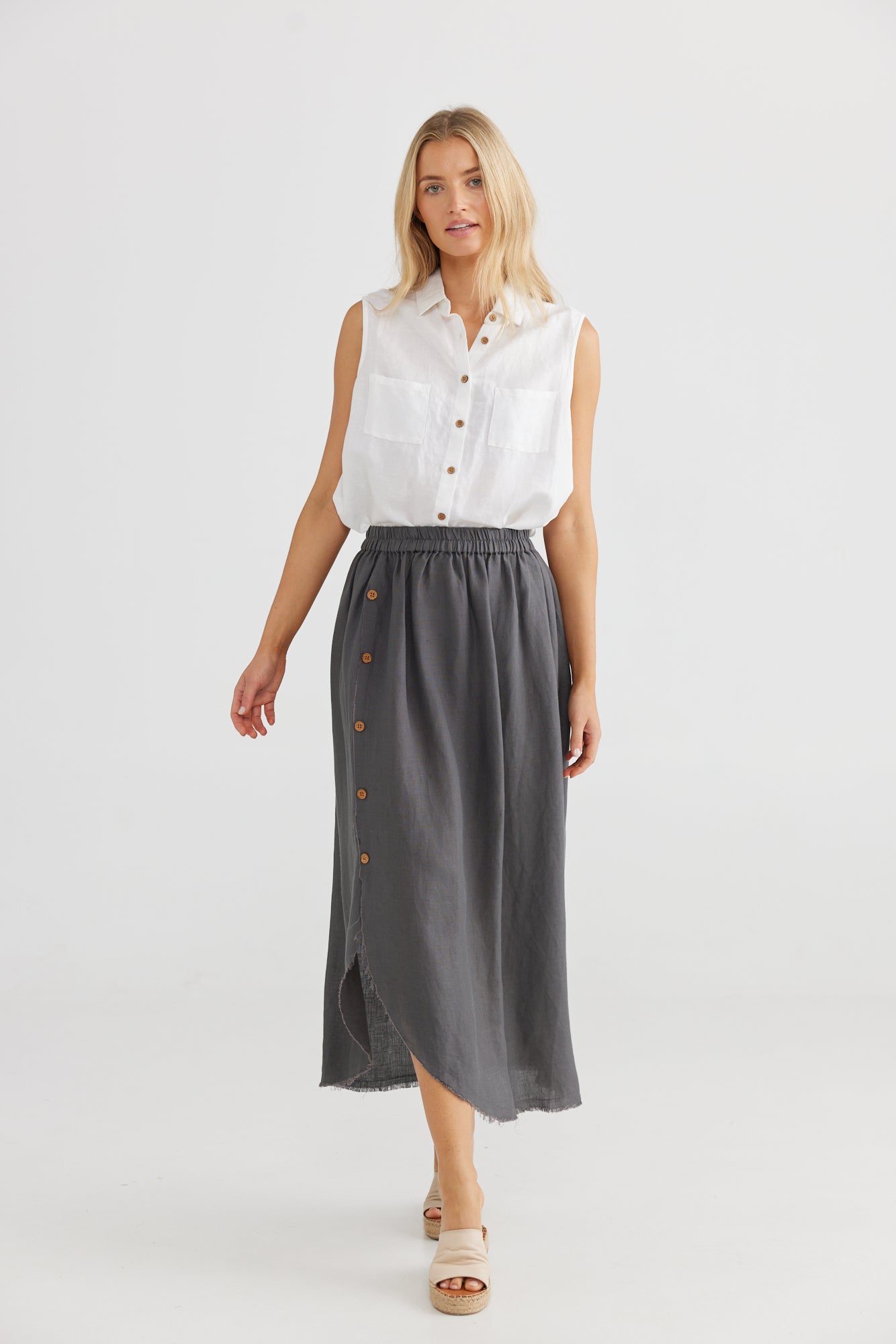 
                  
                    Marrakesh Skirt | Charcoal Elasticated waist Side button detail
                  
                