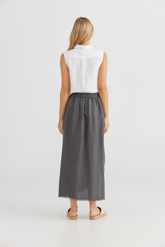 
                  
                    Marrakesh Skirt | Charcoal Elasticated waist Side button detail
                  
                