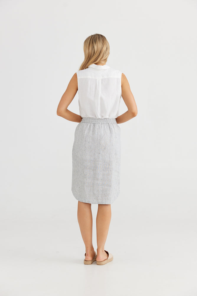 
                  
                    Khari Skirt | Silverado Elasticated waist band with front drawstring Knee length Curved hem with side splits 100% Linen
                  
                
