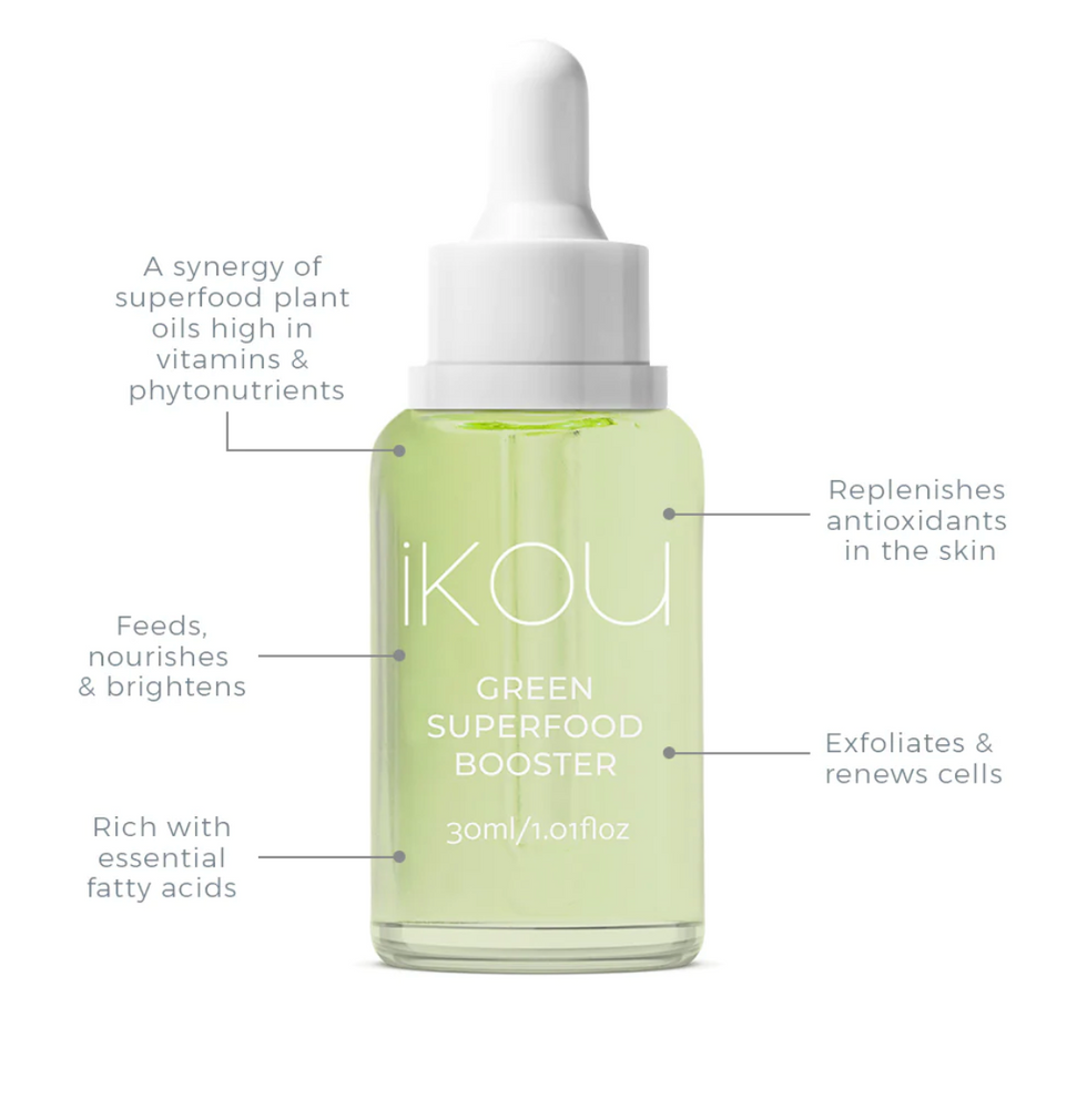 
                  
                    iKOU Green Superfood Booster Drops A synergy of nourishing green superfood plant oils and phytonutrients for vitamins, antioxidants and omega-rich fatty acids. Combining Amazonian Sacha Inchi seeds, broccoli, spinach, avocado and alfalfa sprouts for optimal skin health.
                  
                