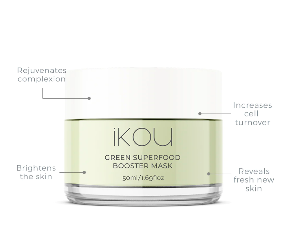 
                  
                    iKOU Green Superfood Booster Mask Reveal fresh, new skin with a perfectly balanced combination of AHA sugarcane and fruit extracts for enzymatic exfoliation. Native river mint and chlorophyll give an antioxidant boost and rejuvenated glow.
                  
                