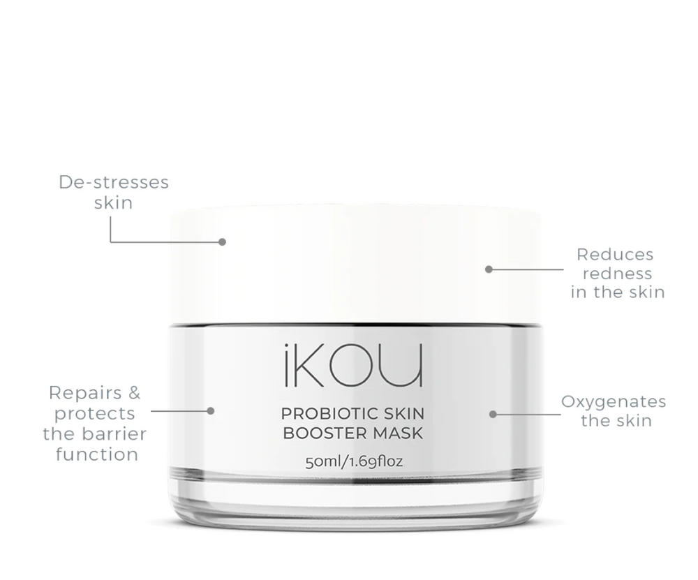 
                  
                    iKOU Probiotic Skin Booster Mask 2-part probiotic & ceramide Super-Booster Mask to boost skin barrier protection, balance microbiome and oxygenate skin. Designed to sleep in overnight 1-2 times per week for maximum benefits to de-stress, soften and smooth. With calming neroli and vegan jojoba milk probiotics for healthy, balanced, glowing skin.
                  
                