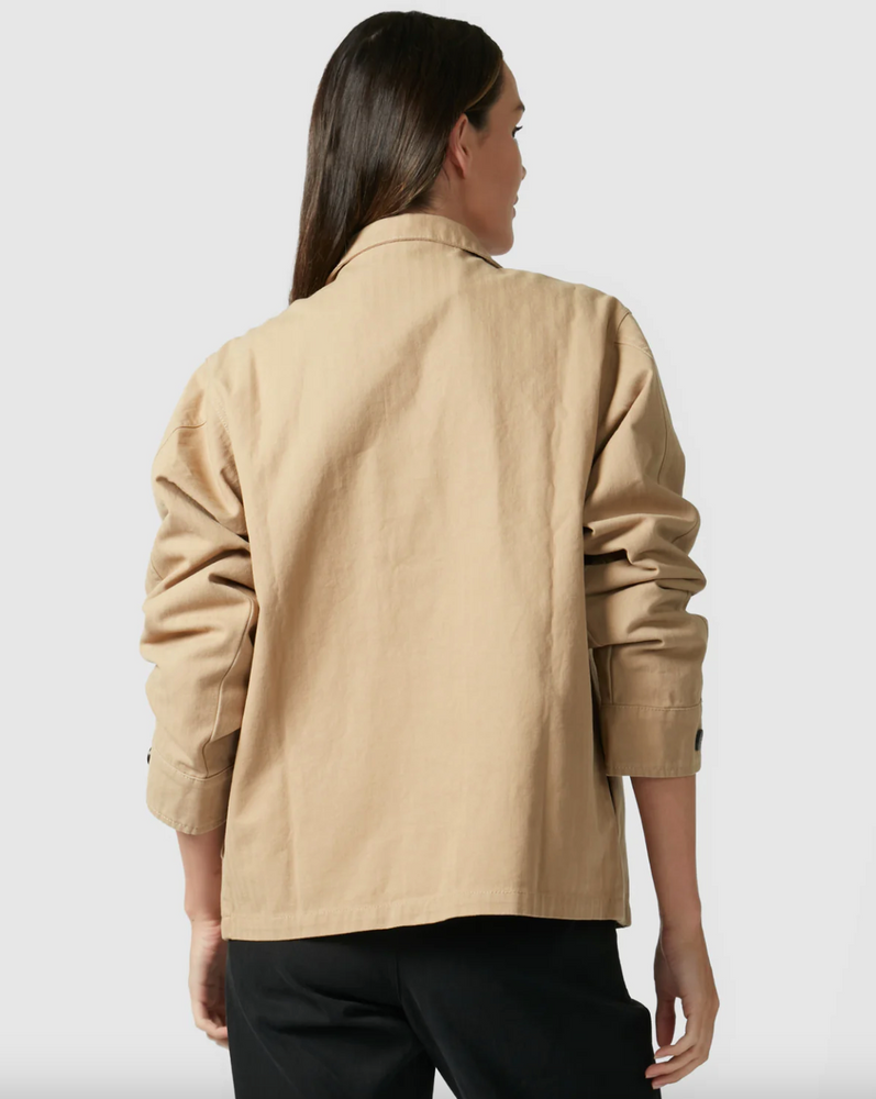 
                  
                    Berlin Jacket The Berlin Jacket is a year-round wardrobe essential. In a gorgeous Tan and cut from premium 100% cotton denim, this relaxed style is designed with a slightly oversized silhouette and button detailing, easy to dress up or down this Winter.
                  
                