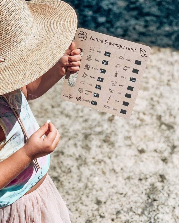 
                  
                    Nature Scavenger Hunt Board | Listing 14 items that can be found in your backyard, the park or gardens. Once they find each item, using chalk or a chalkboard pen, they can tick each item off the list.
                  
                