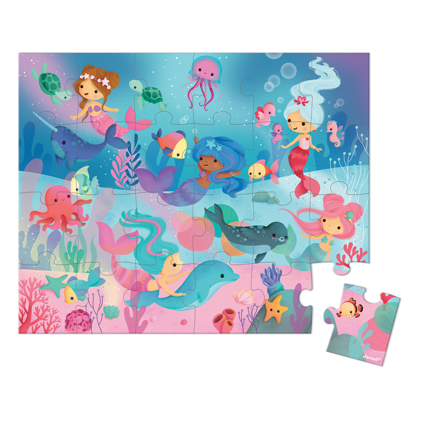 
                  
                    Mermaids Puzzle All little girls will want to join the magical mermaid adventure in this 24 piece jigsaw from Janod. Presented in the signature Janod suitcase with carry handle and made in France from sturdy FSC certified cardboard, the Mermaids Puzzle includes a poster to help with your mysterious exploration. Vegetable based inks offer enchanting colours of pink, blue and aqua depicting several mermaids and their friends from under the sea. Can you hear the mermaids call?
                  
                