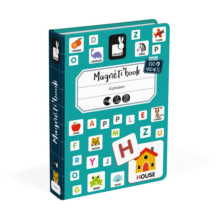 Alphabet Magnetibook Styled like a book, this sturdy magnetic box sits open for ease of use. Choose one of the cool illustration magnets and then spell it's name with the alphabet pieces. The Alphabet Magnetibook is small enough to sit on your lap and because it is magnetic it is great for travel. Once play is finished, just close the lid and pop the magnetic book on the bookshelf. Comes complete with 26 illustrated pieces and 104 letters and is one of several to choose from in the Janod Magnetibook range.