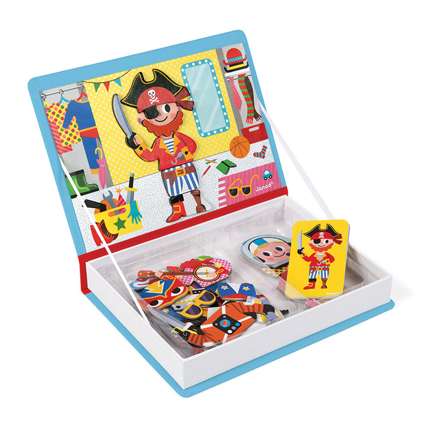 Boys Dress Up Magnetibook The Boy Dress Up Magnetibook from Janod is one of many to collect in the Magnetibook range. Included are 36 magnetic pieces and the aim is to select one of the 8 cards and then match themto copy the image on the magnetic back board. 