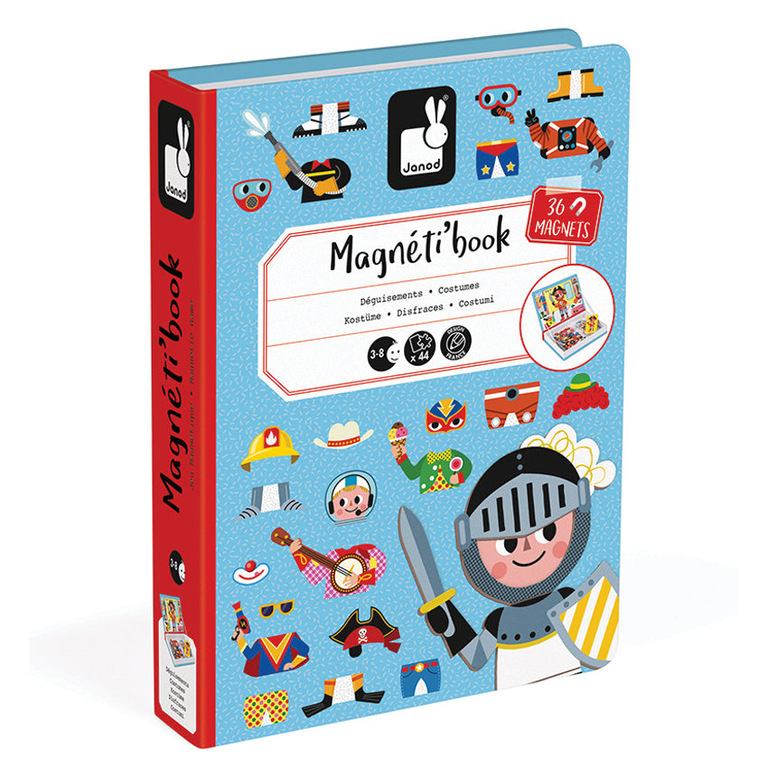 Boys Dress Up Magnetibook The Boy Dress Up Magnetibook from Janod is one of many to collect in the Magnetibook range. Included are 36 magnetic pieces and the aim is to select one of the 8 cards and then match themto copy the image on the magnetic back board. 