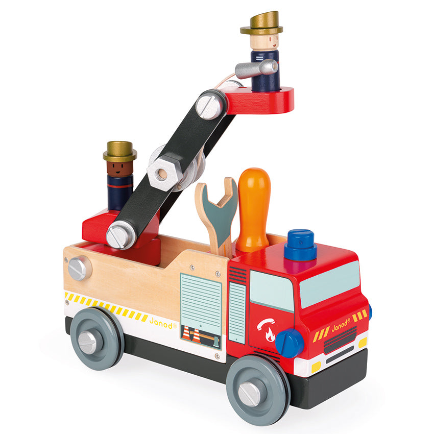 BricoKids DIY Fire Truck 45 pieces to build some fire engine fun! Including a screwdriver and spanner to make the job easy, the Janod Bricokids DIY Fire Truck is made from FSC wood and once complete has a roll out hose reel and rubber grippers on the wheels for a silent and smooth ride. 