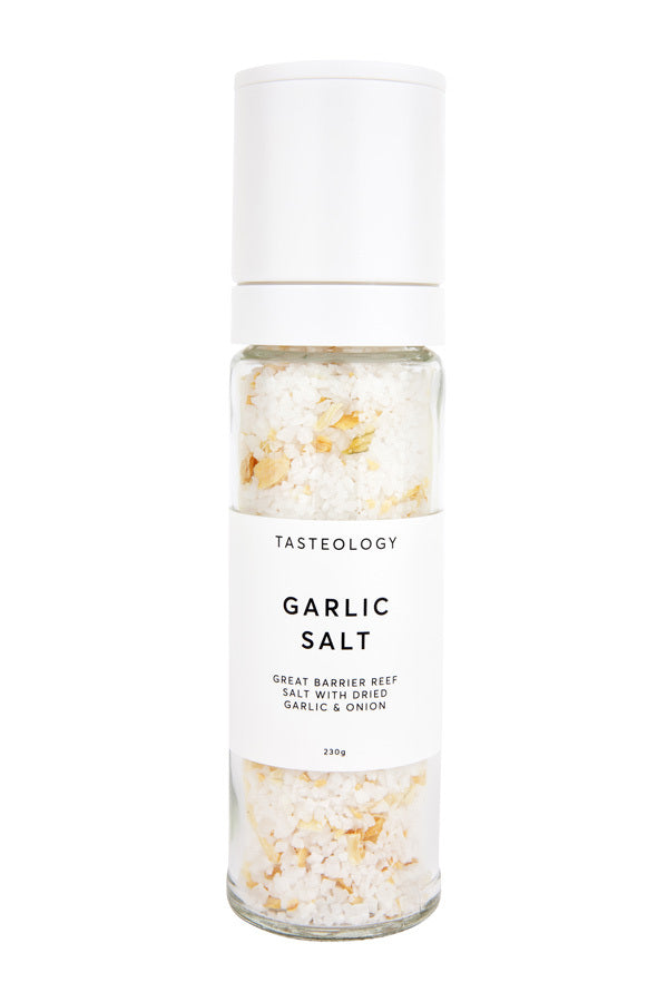 Garlic Salt TASTEOLOGYS Garlic & Onion Salt has a base of Great Barrier Reef white rock salt, which has been carefully blended with garlic and onion granules to create a rich, flavoursome mix.