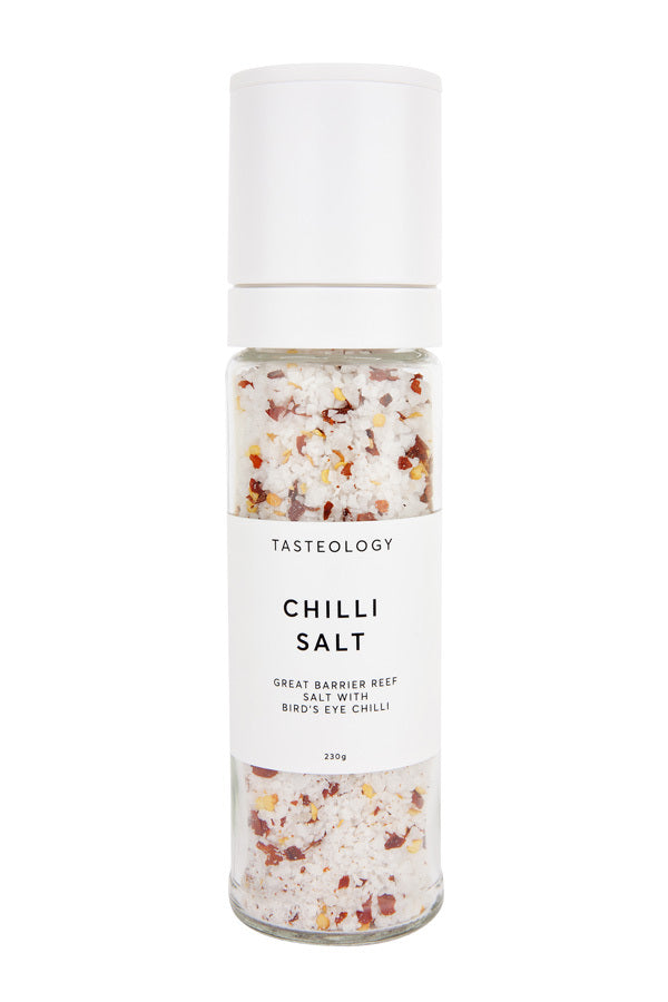 Chilli Salt TASTEOLOGYS Chilli Salt has a base of Great Barrier Reef white rock salt, which has been carefully mixed in with birds eye dried chilli flakes to create a hot chili salt for the true Chilli lover.