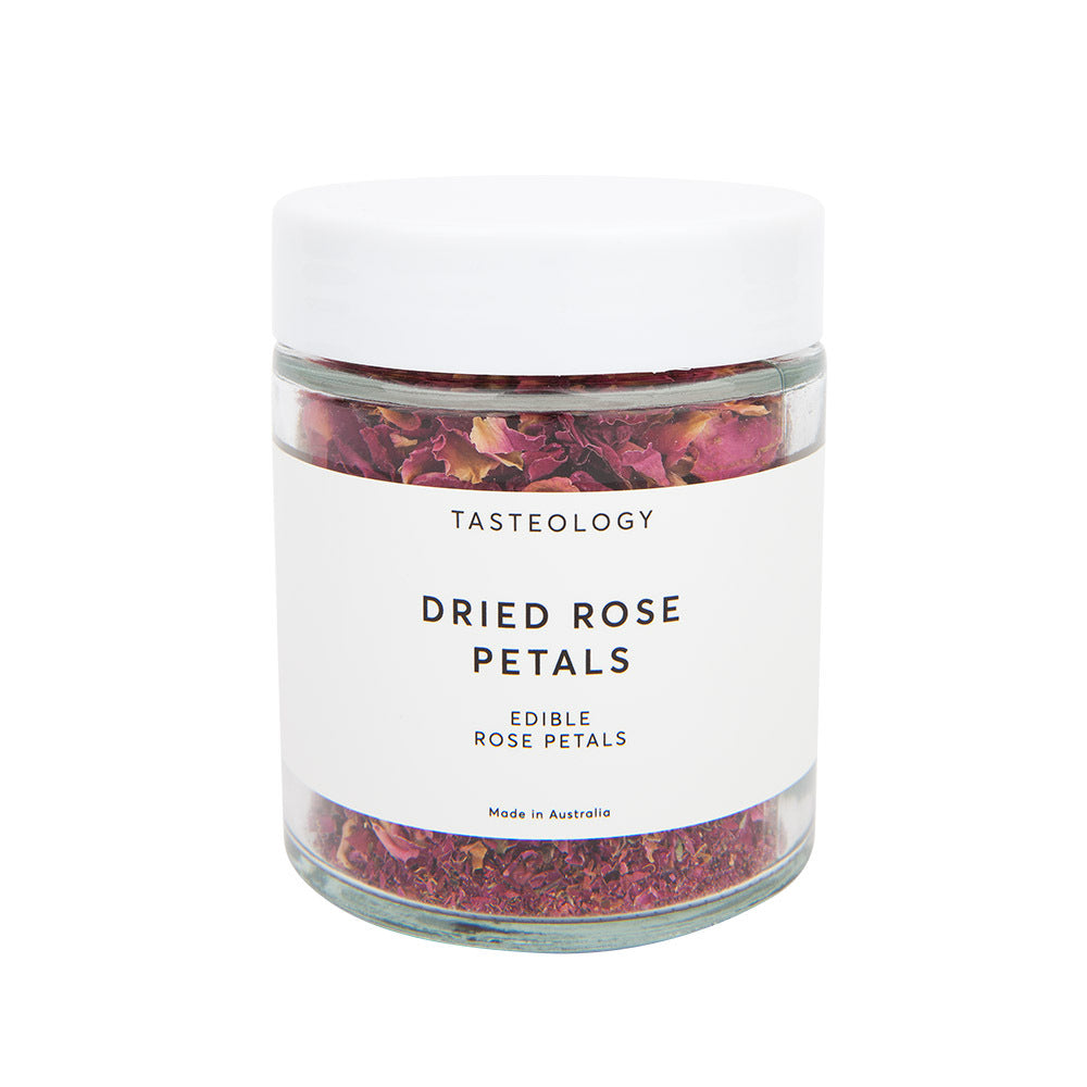 Dried Rose Petals TASTEOLOGYS Dried Edible Rose Petals are completely natural. They are premium quality, certified edible rose petals and handpicked for your culinary rose petal creations. A beautiful decoration for cocktails, and cakes these rose petals are 100% natural. 