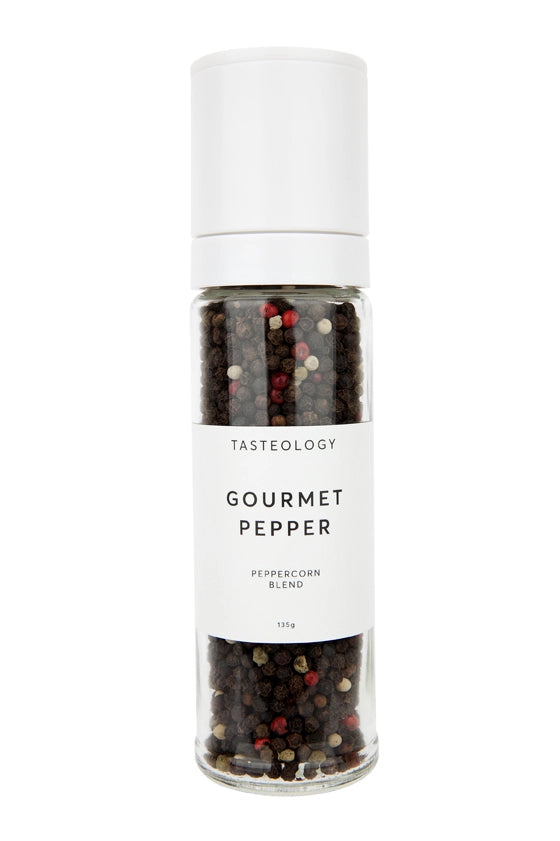 Gourmet Pepper TASTEOLOGYS Gourmet Pepper is a flavoursome mix of black, white, green and red peppercorns.  As one of your kitchen staples, peppercorns give a pungent kick to all dishes, elevating the use of other spices used  in the recipe.  