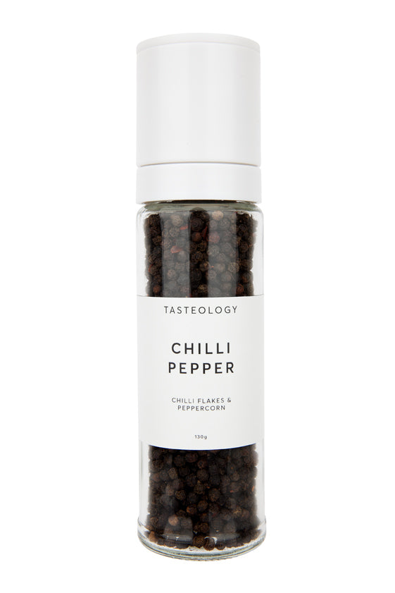 Chilli Pepper Our TASTEOLOGY Chilli Pepper will add heat to any dish!  As one of your kitchen staples, peppercorns give a pungent kick to all dishes, elevating the use of other spices used  in the recipe.  