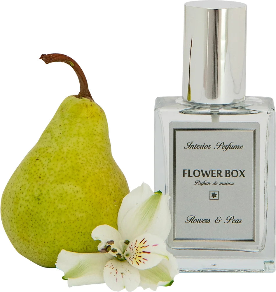 
                  
                    Interior Perfume | Flowers & Pear An opulent fragrance. Fresh top notes of Fresh Green Pear, Freesia and Patchouli combine with the earthy base notes of Amber and Cedar Wood to deliver a timeless scent that compliments the most exquisite interiors. 
                  
                