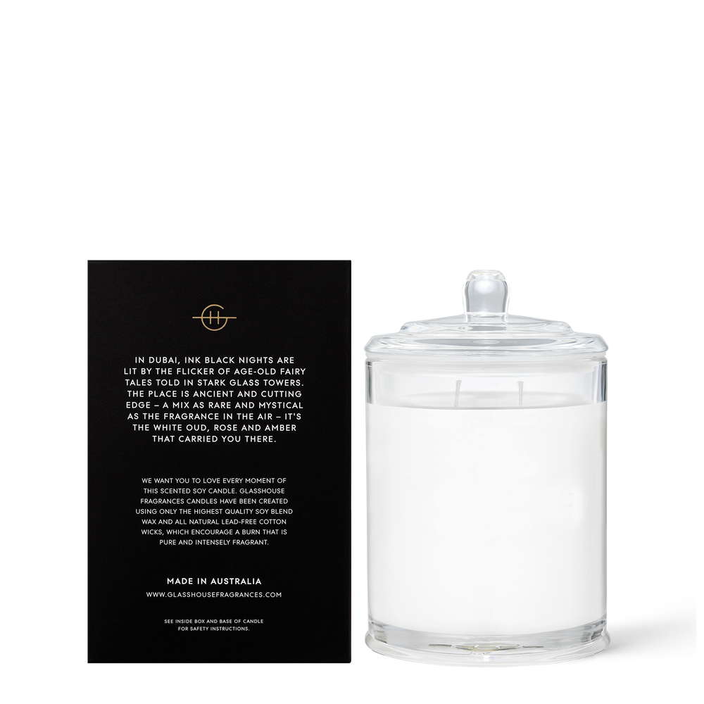 Arabian Nights 380g Candle White Oud  A transcendent everyday luxury, it creates instant ambience. Like a stroll through Dubai’s perfume souk at dusk, it’s rich with saffron and white oud.