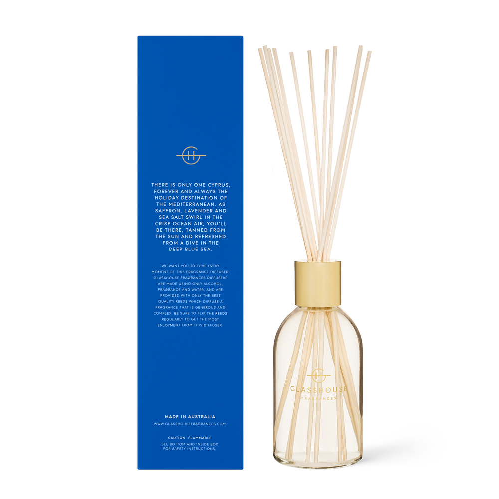 Diving Into Cyprus Diffuser A transcendent everyday luxury, it creates instant ambience. Bracing, like a dip in the Med sea, with amber and peach balanced by woods, lavender and moss.
