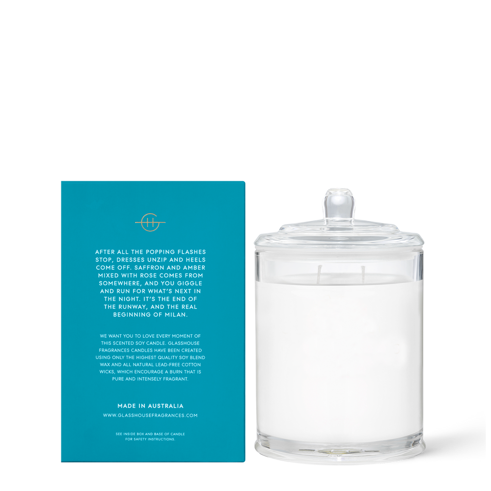 Midnight In Milan 380g Candle Saffron & Rose  A transcendent everyday luxury, it creates instant ambience. Sensual rose, buttery saffron and something you can’t put your finger on - striking moss.