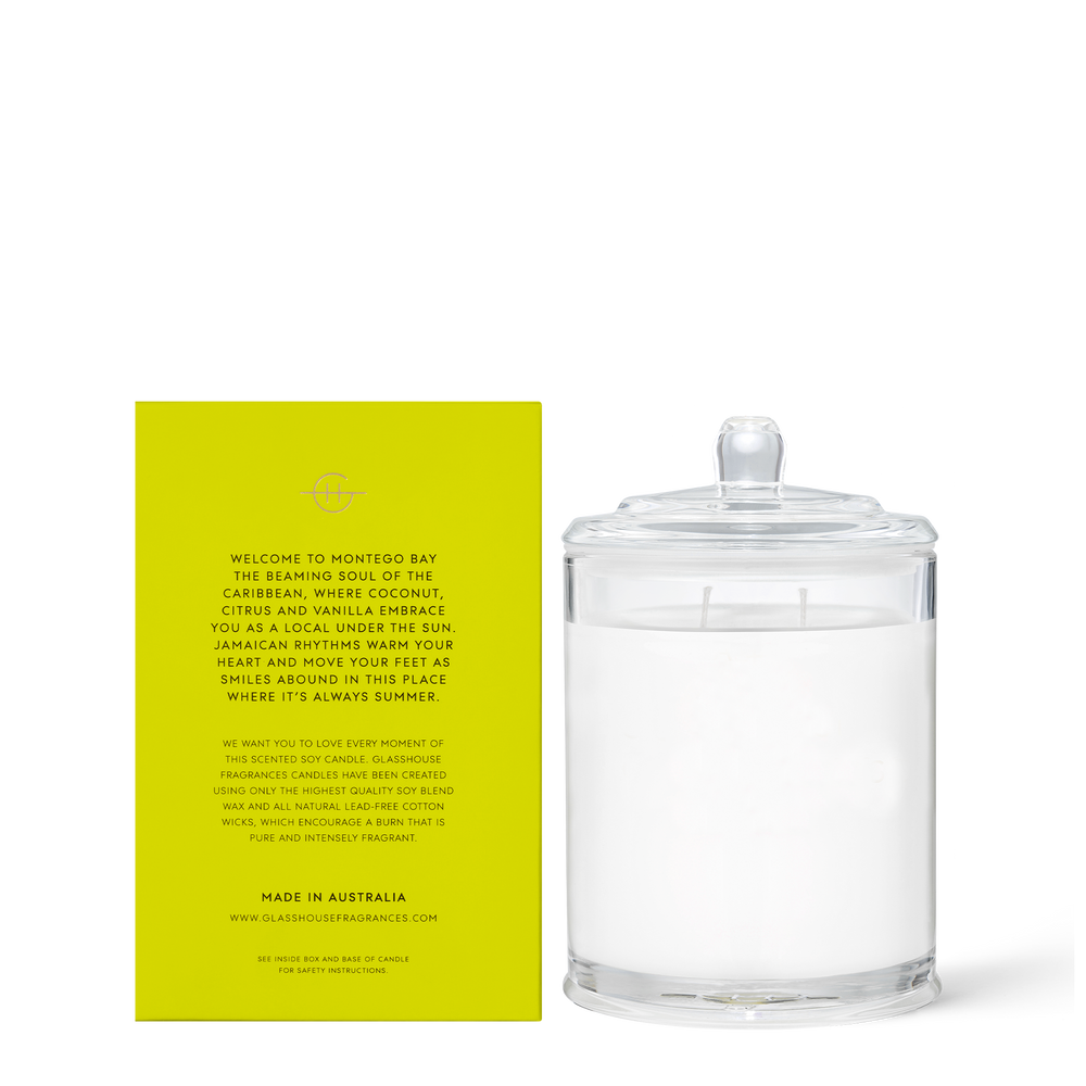 Montego Bay Rhythm 380g Candle A transcendent everyday luxury, it creates instant ambience. Sweet ‘n’ sour, it’s a mouth-watering blend of zesty lime, coconut and boozy vanilla.