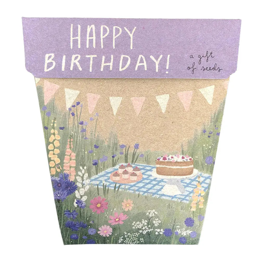 Happy Birthday Picnic | Dream up a birthday spent in a beautiful garden, on a picnic rug, surrounded by flowers with cakes and friends.  Our Happy Birthday Picnic Gift of Seeds evokes exactly that. Containing a bright mix of snapdragon, cosmos and cornflower seeds, the lucky recipient can grow their own birthday delight.